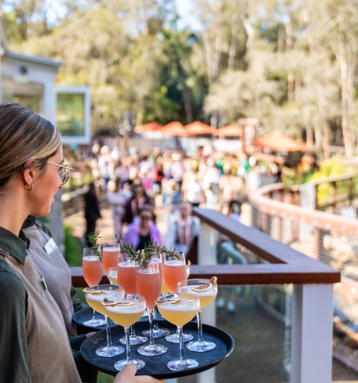 Server holding a tray of cocktails garnished with herbs and dried citrus on a balcony with people walking below at a festive outdoor event