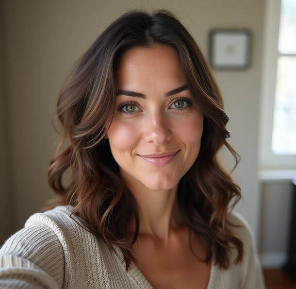 Smiling person with shoulder-length wavy brown hair, green eyes, and light complexion wearing a light knit sweater.