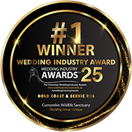 Black and gold badge showing #1 winner of the wedding industry awards 2025 for unique wedding venue.