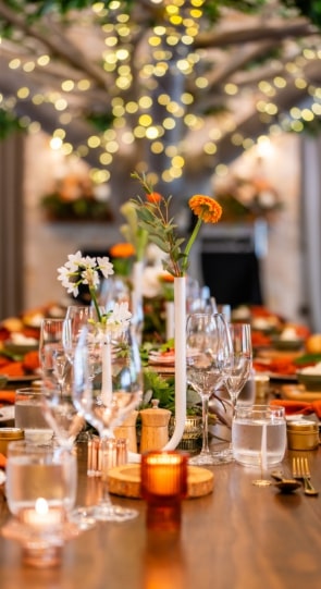 Elegant wedding table setting featuring flowers, glassware, and candles, under a tree adorned with fairy lights.