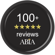 A black and gold badge by ABIA showing 100+ 5 star reviews
