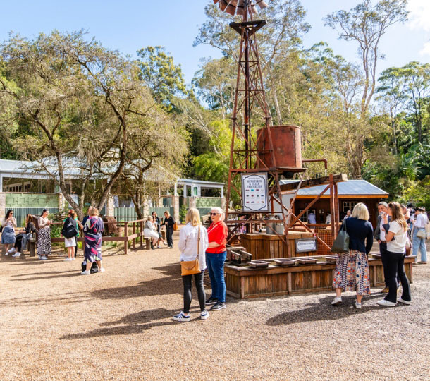 People mingling outdoors at Outback Springs around a rusty windmill and wooden stalls under trees