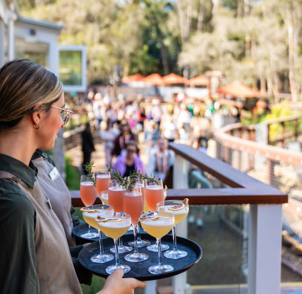 Waitress carrying a tray of pink and yellow cocktails garnished with herbs and citrus on an outdoor patio