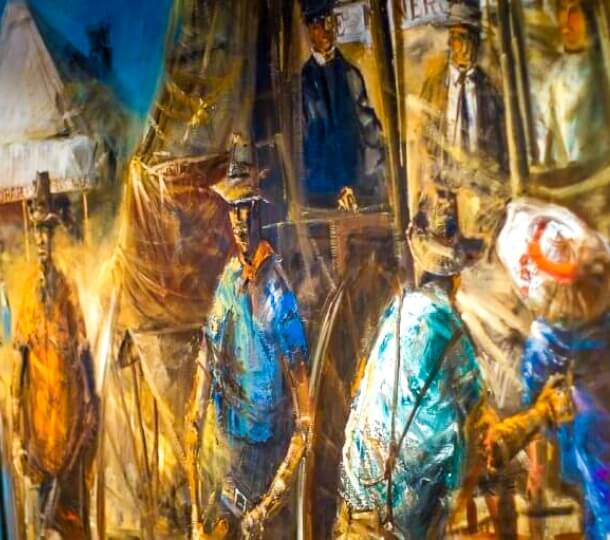 Abstract painting of figures in hats and colorful clothing amid tents and loosely rendered buildings