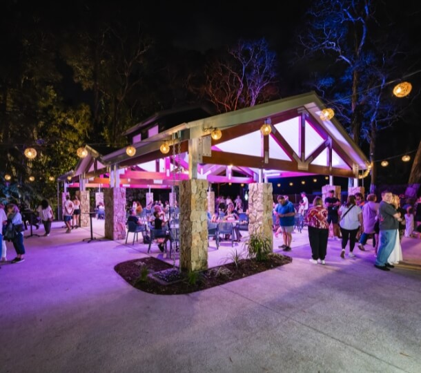 Outdoor pavilion at night with festoon lights and purple uplighting, groups of people socializing under the open shelter
