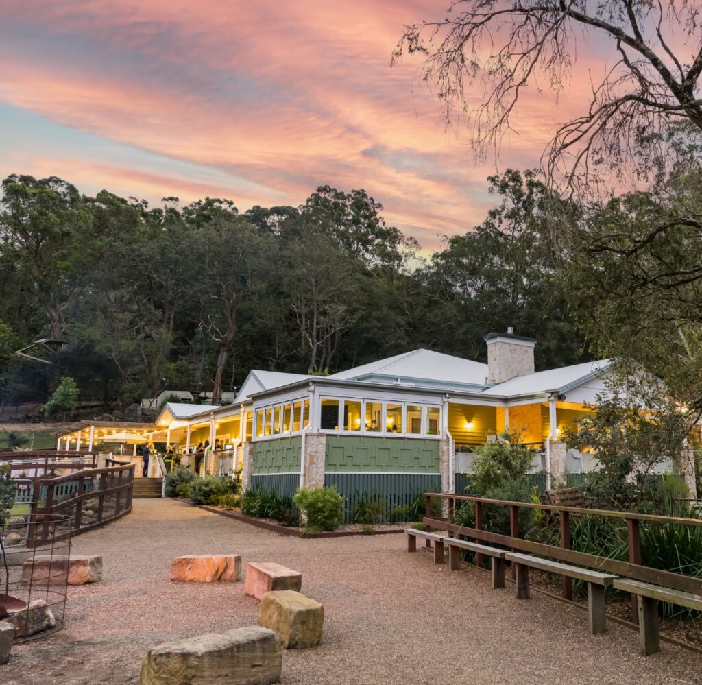 Green building with large windows and warm lighting, surrounded by trees at sunset