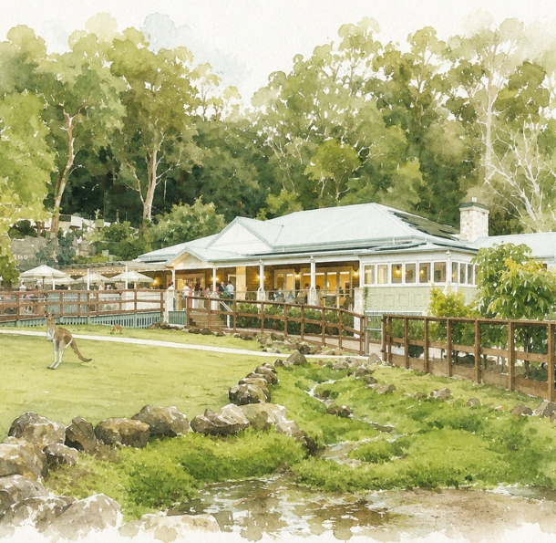 An washed paint look image of a large Homestead with people celebrating in it in the midst of green forests and grass fields with Kangaroos roaming