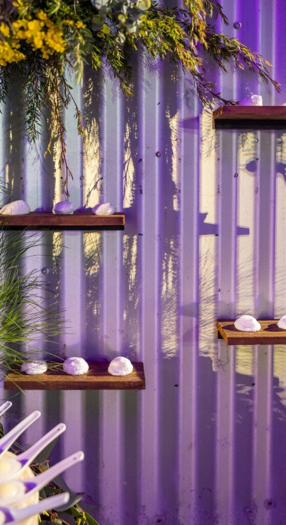Dessert nibbles displayed on timber shelves against a floral wall at a Currumbin Wildlife Sanctuary event